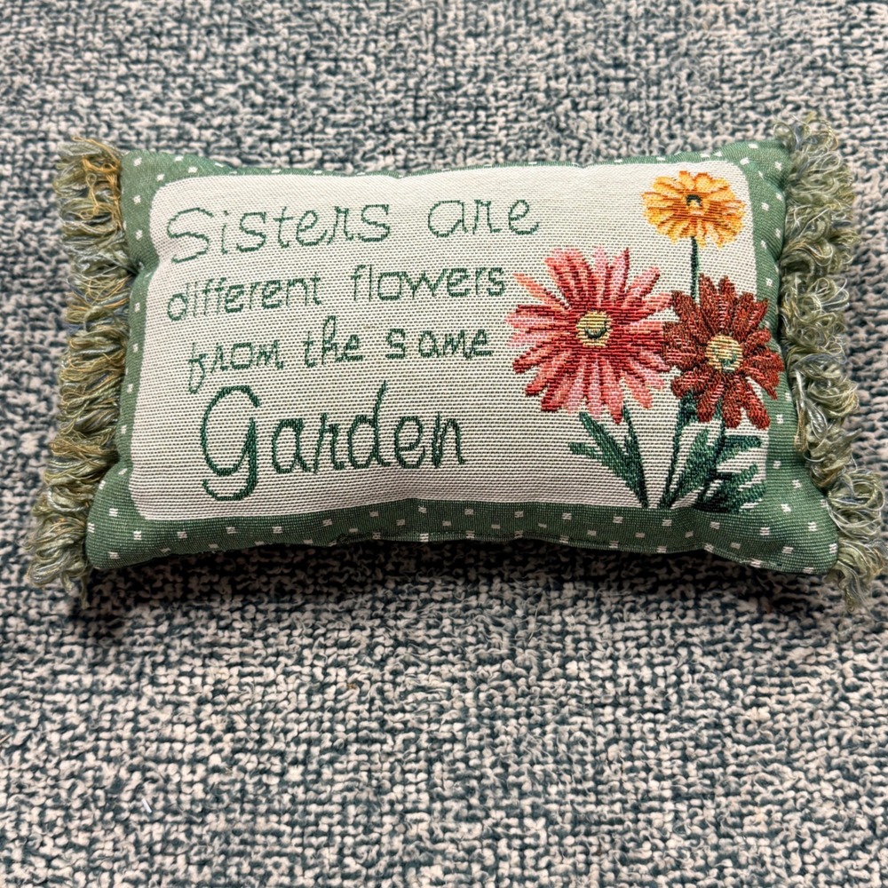 Vintage Woven Tapestry Sisters Floral Accent Pillow Green Fringe 13.5x9